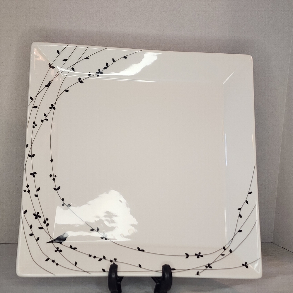 Ciroa Oiseau Square Serving Platter – 12" Porcelain Plate – Black Bird